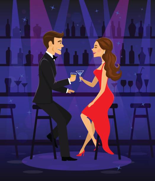 日、バーで座っているロマンチックなエレガントなカップルを男と女の夜のカクテルを飲んで、カウンター - drinking couple bar counter bar点のイラスト素材／クリップアート素材／マンガ素材／アイコン素材