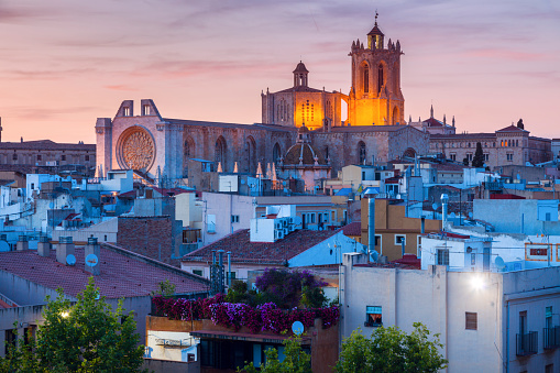 Tarragona Cathedral of Santa Maria at sunset. Tarragona, Catalonia, Spain.