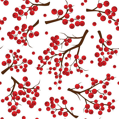 Seamless pattern texture with red rowan berries branches over white background
