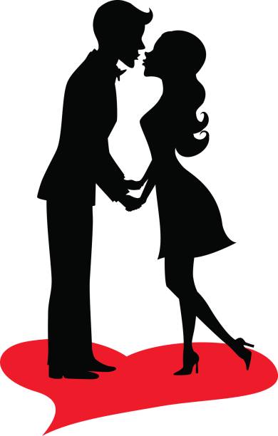 Romantic Cartoon Couple Man And Woman Holding Hands And Kissing Silhouette  Stock Illustration - Download Image Now - iStock