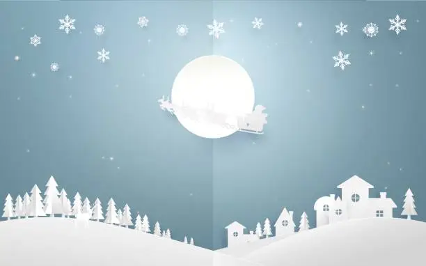 Vector illustration of Merry Christmas background. Santa Claus flying in a sleigh with reindeer on full moon over country side city. Paper art and origami style design