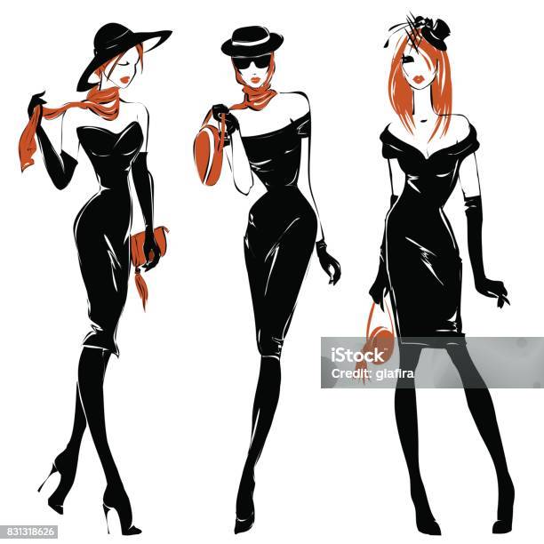 Fashion Black And White Women Silhouette Set Redhead Models Vector Illustration Stock Illustration - Download Image Now