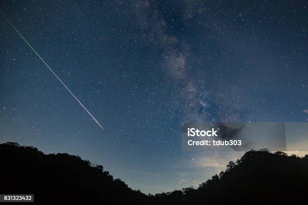 A Meteor Shoots Across The Night Sky Sky Leaving A Trail Of Light Across The Milky Way Stock Photo - Download Image Now