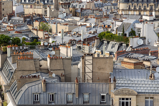 Paris rooftops in summer with roof gardens and mansard roofs. 17th Arrondissement of Paris, France