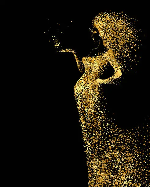 Vector illustration of Beautiful Woman abstract figure formed by gold color particles on the black background. Bright banner with beautiful glamour girl with hair down and in fashion dress.