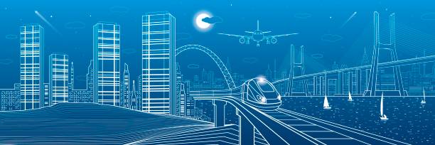 ilustrações de stock, clip art, desenhos animados e ícones de infrastructure and transport panorama. train move on railway. airplane fly. big cable-stayed bridge. modern night city, towers and skyscrapers. yachts on the water. white lines. vector design art - cable stayed bridge illustrations