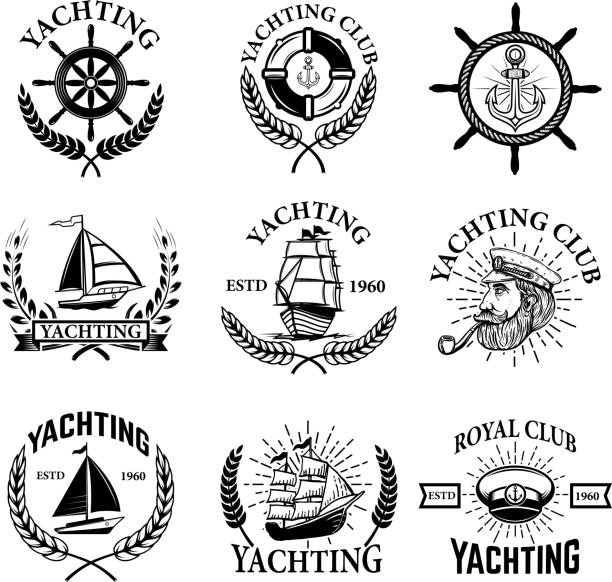 Set of yachting emblems isolated on white background. Yachting club, boats. Design elements for label, emblem, sign. Vector illustration