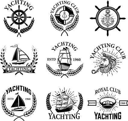 Set of yachting emblems isolated on white background. Yachting club, boats. Design elements for label, emblem, sign. Vector illustration
