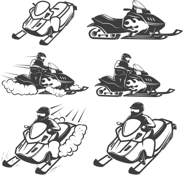 illustrazioni stock, clip art, cartoni animati e icone di tendenza di set di motoslitta isolata su sfondo bianco. - snowmobiling snow winter mountain