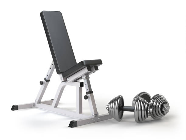 istock Barbell bench with weight dumbbells isolated on white. 831360334