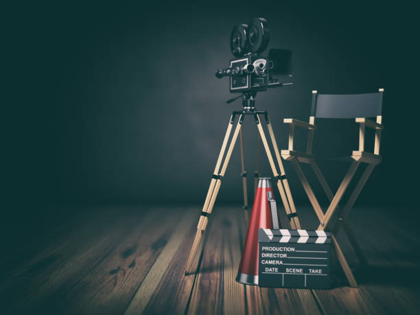 Video, movie, cinema concept. Retro camera, clapperboard and director chair. 3d Video, movie, cinema concept. Retro camera, clapperboard and director chair. 3d illustration film studio stock pictures, royalty-free photos & images