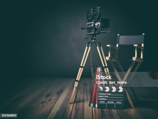 Video Movie Cinema Concept Retro Camera Clapperboard And Director Chair 3d Stock Photo - Download Image Now