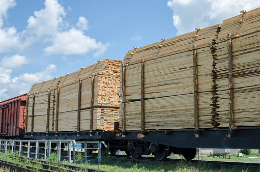 Full rail cars of timber against the sky