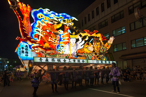 Aomori, Japan - 2 August 2017 Huge Nebuta floating is floating around Aomori city. Those floatings are all handmade of Aomori local people. In the evening those turn into lantern. Nebuta festival is held for an week each year. This photo is taken in one of that day in 2017.