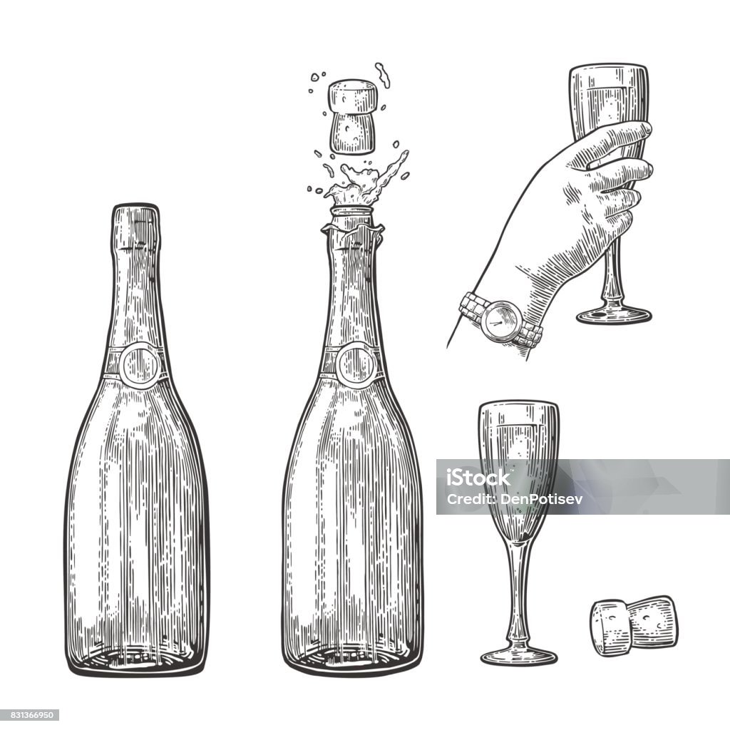 Bottle of Champagne explosion and hand hold glass. Bottle of Champagne explosion and hand hold glass. Vintage black vector engraving illustration for web, poster, invitation to party. Hand drawn design element isolated on white background. Champagne stock vector