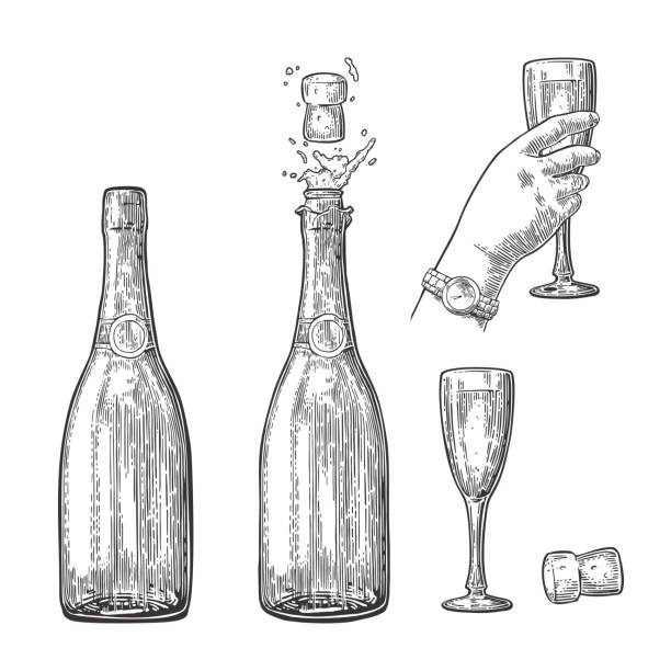 Bottle of Champagne explosion and hand hold glass. Bottle of Champagne explosion and hand hold glass. Vintage black vector engraving illustration for web, poster, invitation to party. Hand drawn design element isolated on white background. champagne illustrations stock illustrations