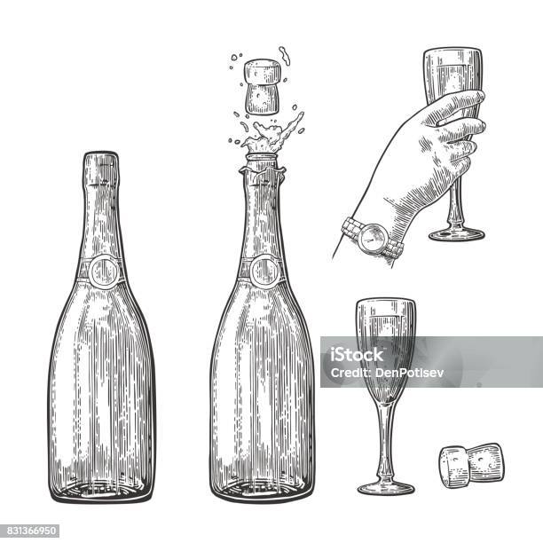 Bottle Of Champagne Explosion And Hand Hold Glass Stock Illustration - Download Image Now - Champagne, Bottle, Etching