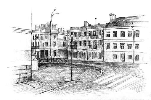 Street city drawing sketch illustration. Russian Federation.