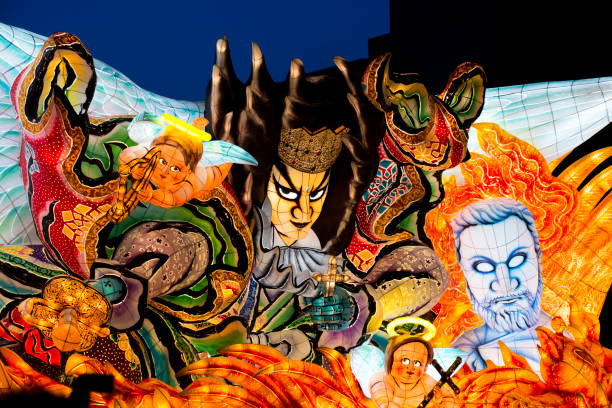 Aomori, Japan - 2 August 2017 Huge Nebuta floating is floating around Aomori city. Those floatings are all handmade of Aomori local people. In the evening those turn into lantern. Nebuta festival is held for an week each year. This photo is taken in one of that day in 2017.