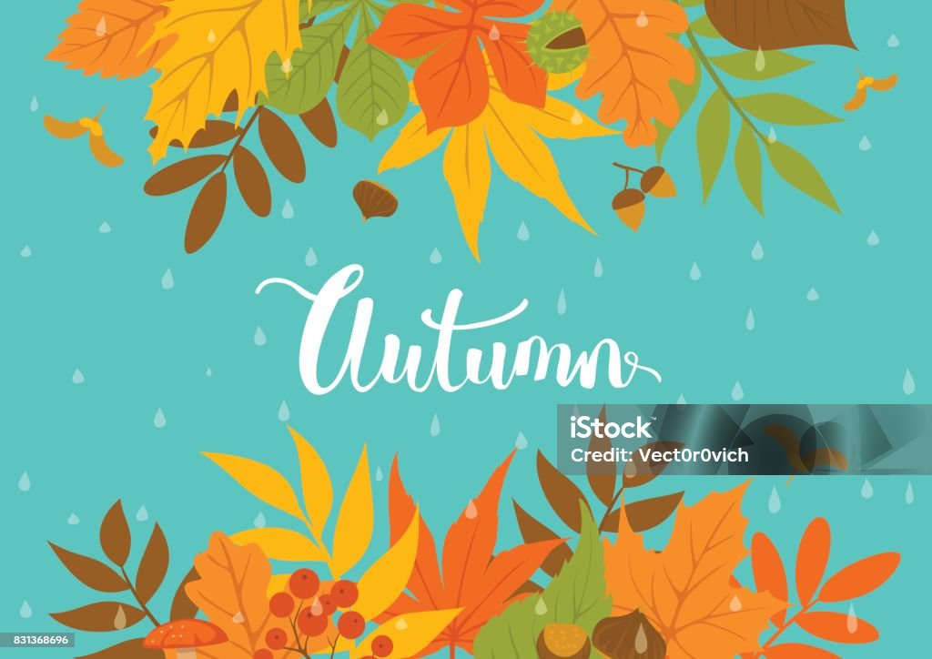 autumn fall park leaves header border background on blue texture with rain drops Autumn stock vector