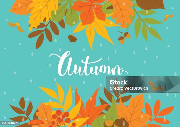 Autumn Fall Park Leaves Header Border Background On Blue Texture With Rain Drops Stock Illustration - Download Image Now