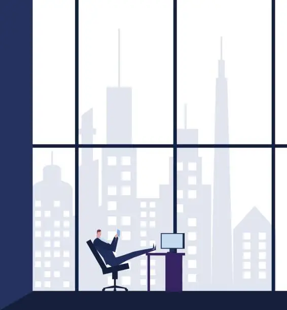 Vector illustration of A businessman is sitting and using a smartphones in office on building background.