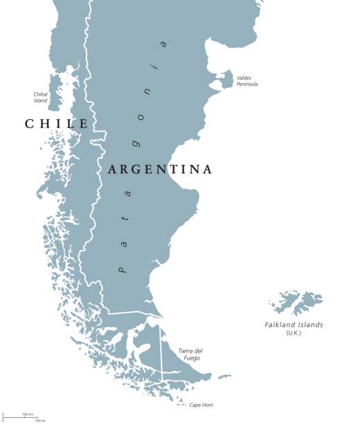 Patagonia and Falkland Islands political map Patagonia political map. The southern end of continent South America, shared by Chile and Argentina. With Falkland Islands, a British overseas territory. English labeling. Gray illustration. Vector. tierra del fuego province argentina stock illustrations