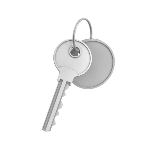 istock 3d rendering of a single silver key with label isolated on white background 831386330