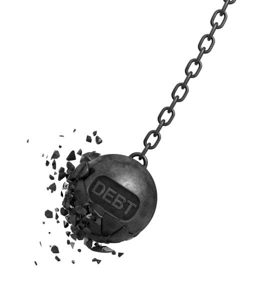 3d rendering of a large wrecking ball with a writing DEBT swings on a chain while its pieces and chunks are flying out