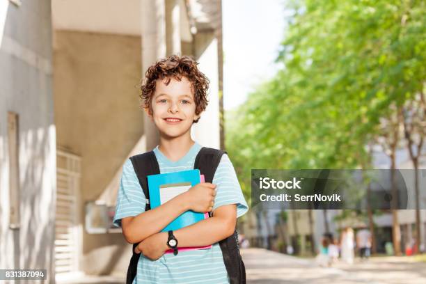 Portrait Of Handsome Boy With Books Near School Stock Photo - Download Image Now - Boys, France, Schoolboy