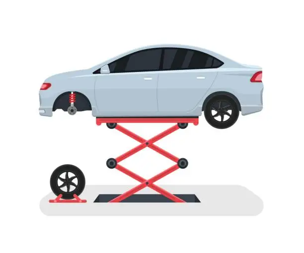 Vector illustration of Change a wheel on a car. Tyre repair with lift. Vector illustration.