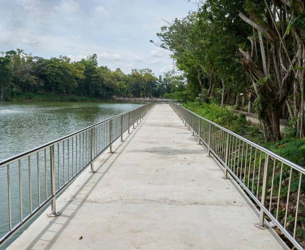 istock long white siemens walkway have railing beside pond and tree 831389926