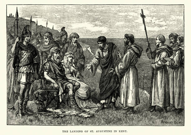 Saint Augustine of Canterbury, Landing in Kent Vintage engraving of Saint Augustine of Canterbury, Landing in Kent. Augustine of Canterbury (born first third of the 6th century – died probably 26 May 604) was a Benedictine monk who became the first Archbishop of Canterbury in the year 597. He is considered the Apostle to the English and a founder of the English Church. canterbury uk stock illustrations