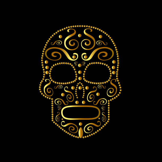 schädel vektor ornament gold farbe, symbol auf schwarzem hintergrund - scroll shape frame skull decoration stock-grafiken, -clipart, -cartoons und -symbole