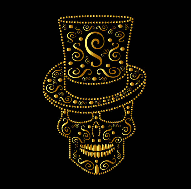 해골 벡터 실린더 모자 골드 버전 - scroll shape frame skull decoration stock illustrations