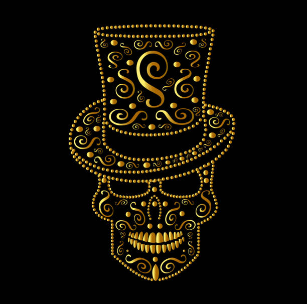 ilustrações de stock, clip art, desenhos animados e ícones de skull vector with cylinder hat gold version - scroll shape frame skull decoration