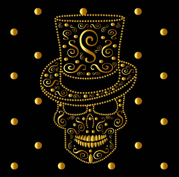 schädel-vektor mit zylinder hut gold-version - scroll shape frame skull decoration stock-grafiken, -clipart, -cartoons und -symbole