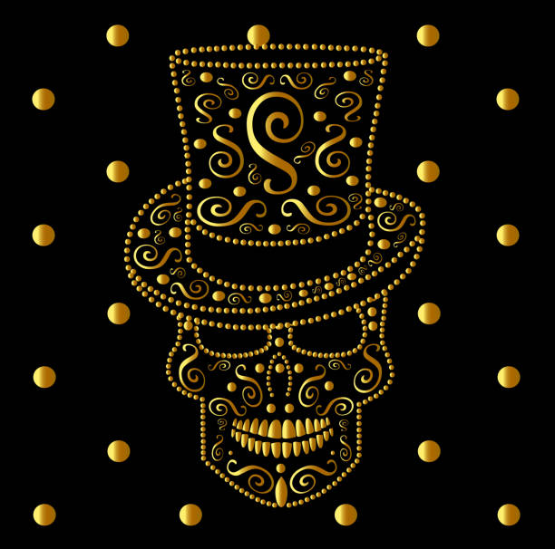 해골 벡터 실린더 모자 골드 버전 - scroll shape frame skull decoration stock illustrations