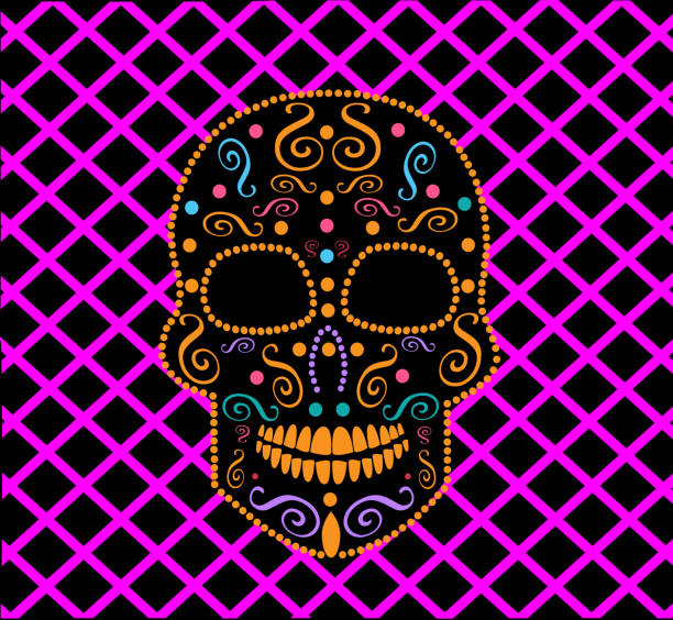 ilustrações de stock, clip art, desenhos animados e ícones de skull icon vector, neon pink and orange color - scroll shape frame skull decoration