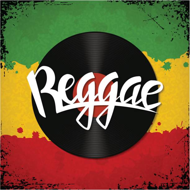 Reggae lettering poster Reggae lettering. Vector vinyl disc and reggae hand drawn lettering label on rastafarian background reggae stock illustrations