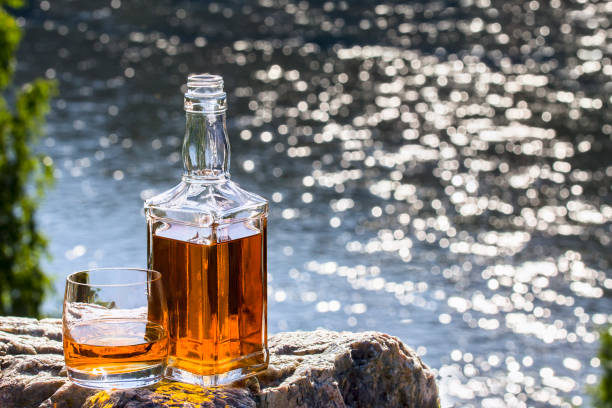 botella y vaso de whisky en la roca sobre el río - gin decanter whisky bottle fotografías e imágenes de stock
