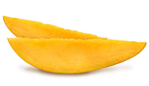 istock Juicy fresh two slices of mango with leaves. 831412236