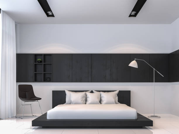 istock Modern black and white bedroom interior minimal style 3d rendering image 831412382