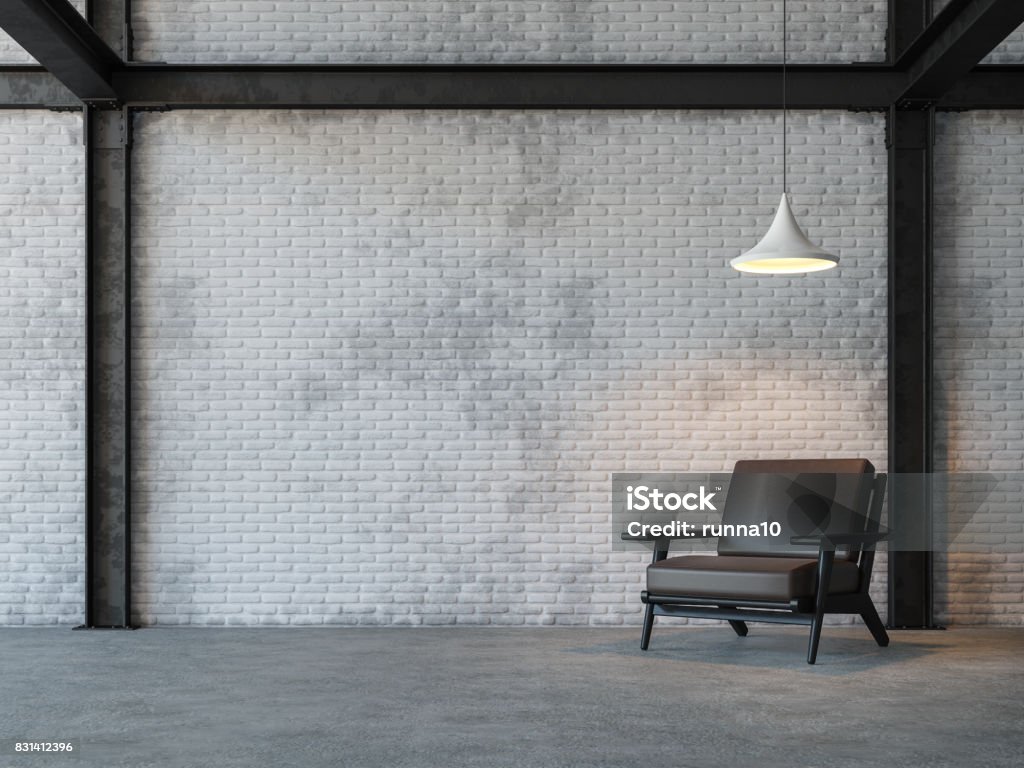 Loft style living room 3d rendering image Loft style living room 3d rendering image.There are white brick wall,polished concrete floor and black steel structure.Furnished with dark brown leather armchair Loft Apartment Stock Photo
