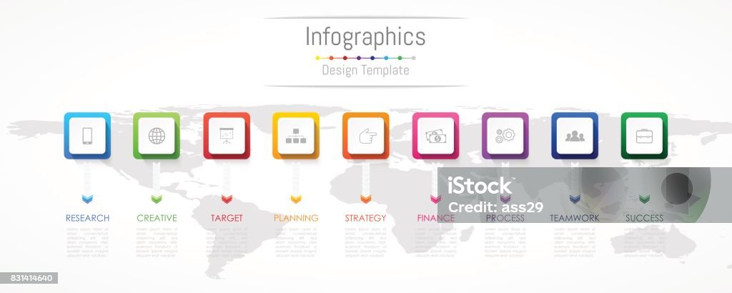 Infographic design elements for your business data with 9 options, parts, steps, timelines or processes. Vector Illustration. World map of this image furnished by NASA 8-9 Years stock vector