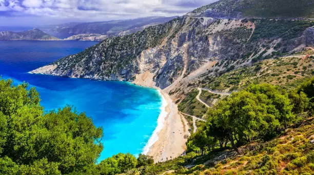 Photo of One of the most beautiful beaches of Greece- Myrtos bay in Kefalonia, Ionian islands