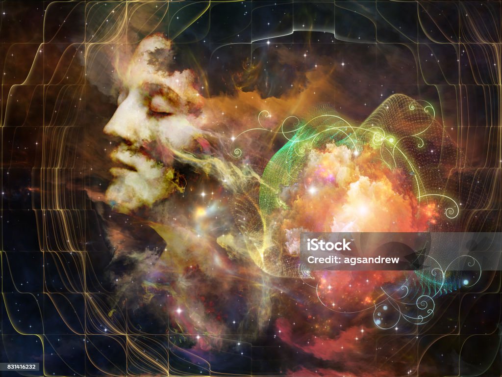 Reality of Our Past Memory of Me series. Abstract design made of female portrait and space texture  on the subject of art, philosophy and spirituality Psychedelic Stock Photo