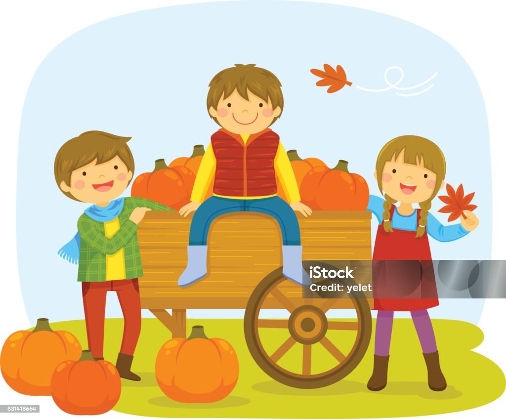 Kids in a pumpkin patch Kids in a pumpkin patch with a cart of pumpkins during autumn. Pumpkin Patch stock vector