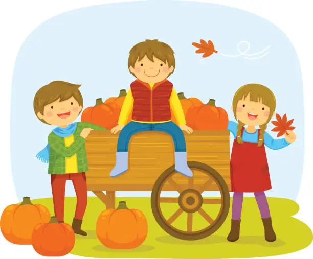 Vector illustration of Kids in a pumpkin patch