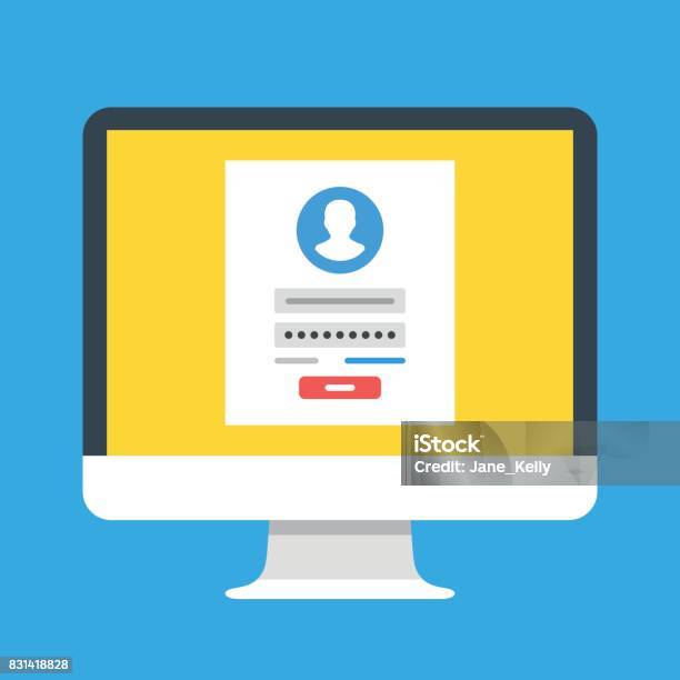 Sign In Page On Computer Screen Desktop Computer With Login Form And Sign In Button User Account Modern Concept Creative Flat Design Vector Illustration Stock Illustration - Download Image Now